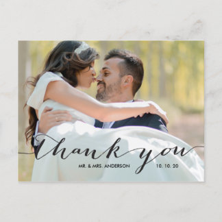 Handwriting Black 2 Photo Wedding Thank You Postcard