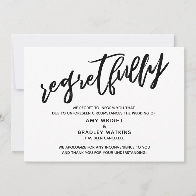 Handwriting Cancelled Wedding Announcement Regrets (Front)