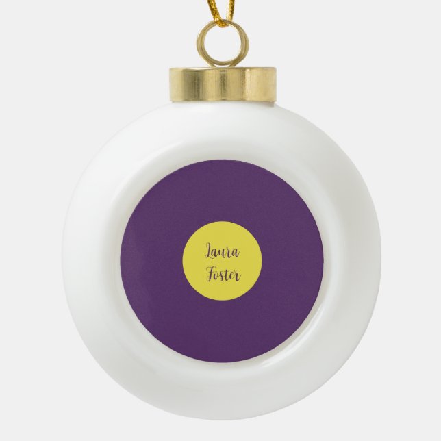 Handwriting Elegant Name Indigo & Yellow Colour Ceramic Ball Christmas Ornament (Front)