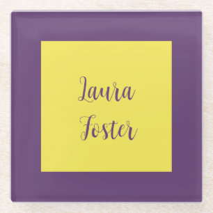 Handwriting Elegant Name Indigo & Yellow Colour Glass Coaster
