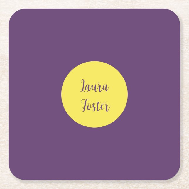 Handwriting Elegant Name Indigo & Yellow Colour Square Paper Coaster (Front)