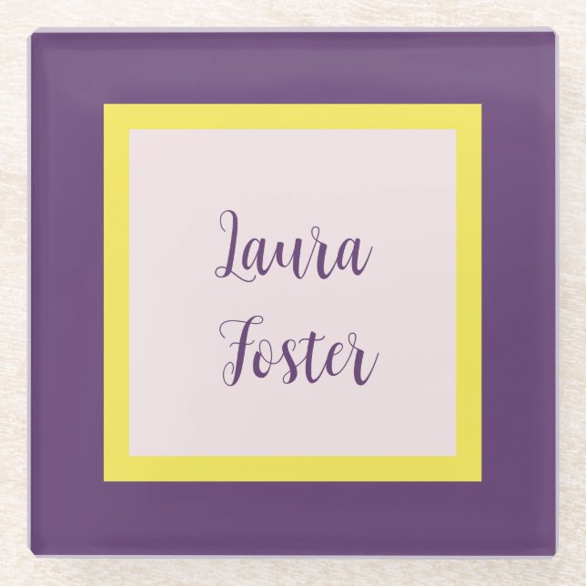 Handwriting Elegant Name Indigo Yellow Rose Quartz Glass Coaster (Front)