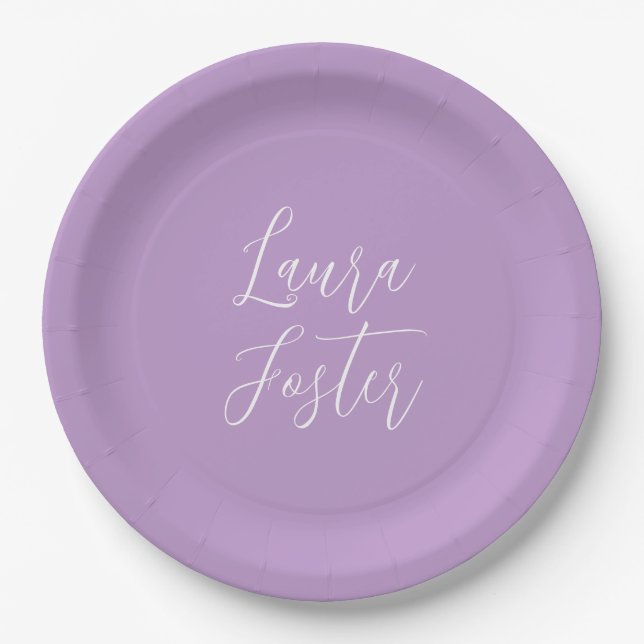 Handwriting Elegant Name Lilac Colour Paper Plate (Front)