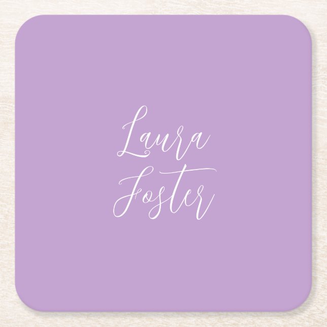 Handwriting Elegant Name Lilac Colour Square Paper Coaster (Front)
