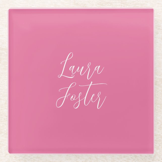 Handwriting Elegant Name Pink Colour Glass Coaster (Front)