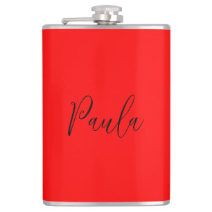 Handwriting Elegant Name Red Color Plain Hip Flask
