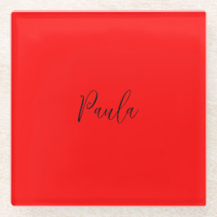 Handwriting Elegant Name Red Colour Plain Glass Coaster