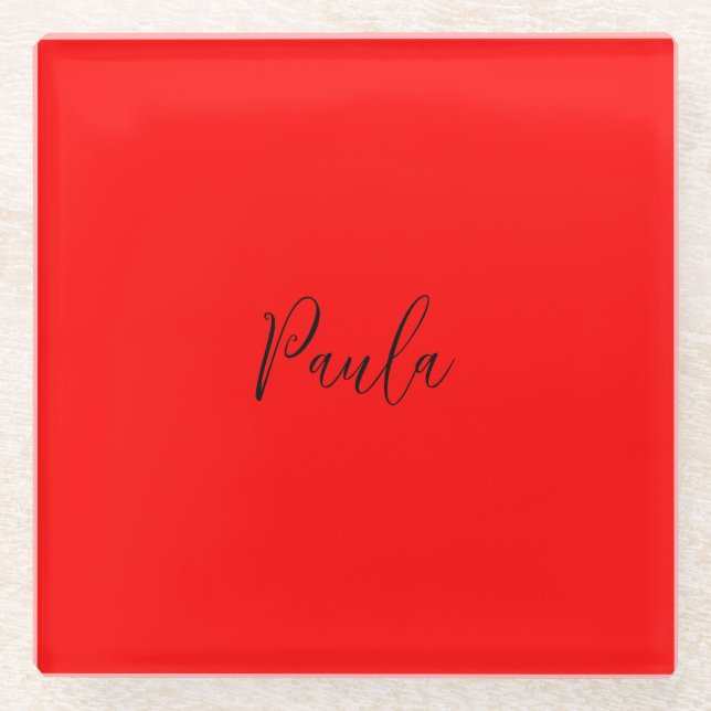 Handwriting Elegant Name Red Colour Plain Glass Coaster (Front)
