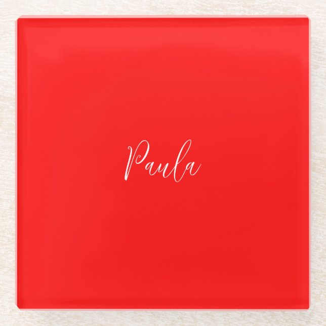 Handwriting Elegant Name Red Colour Plain Glass Coaster (Front)