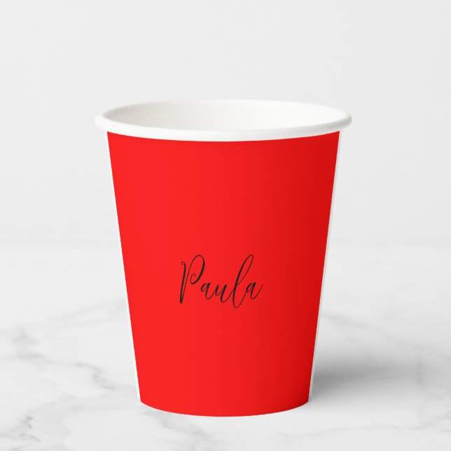 Handwriting Elegant Name Red Colour Plain Paper Cups (Front)