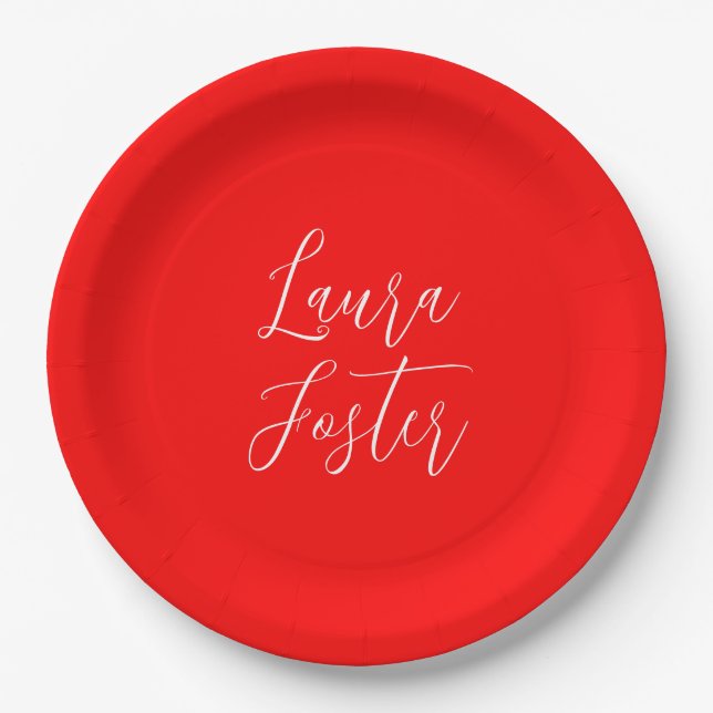 Handwriting Elegant Name Red Colour Plain Paper Plate (Front)