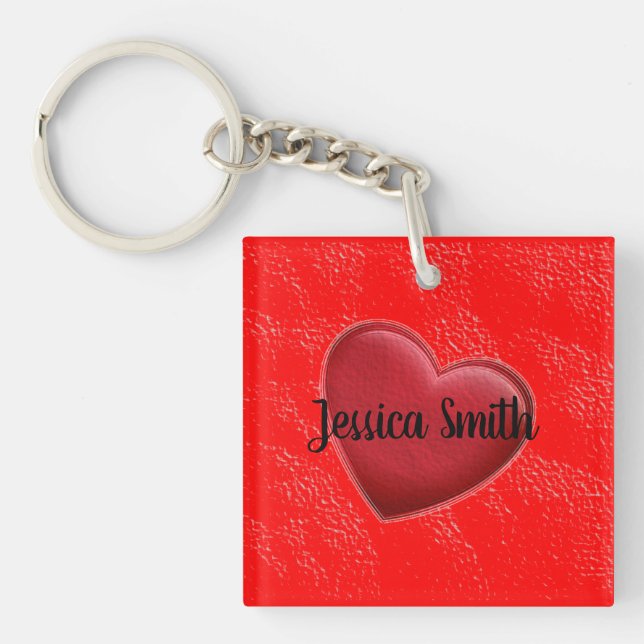 Handwriting Elegant Name Red Heart Love Romance Key Ring (Front)