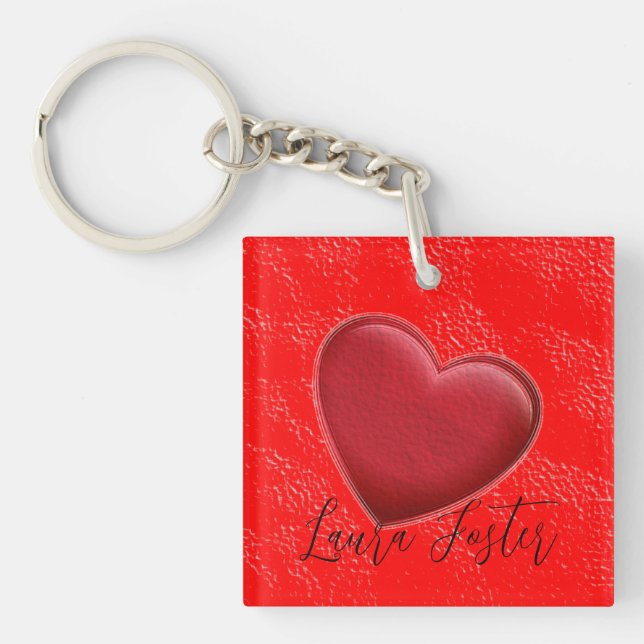 Handwriting Elegant Name Red Heart Love Romance Key Ring (Front)