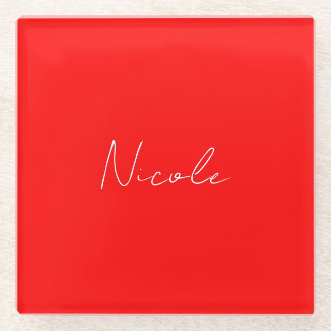 Handwriting Elegant Name Red White Colour Plain Glass Coaster (Front)