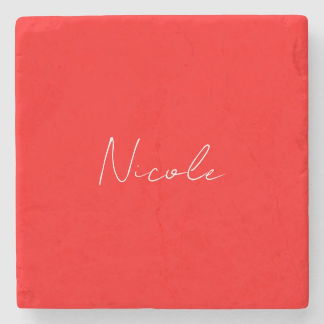 Handwriting Elegant Name Red White Colour Plain Stone Coaster (Front)