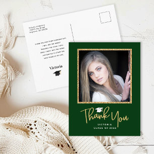 Handwriting Gold & Dark Green Graduation Thank You Postcard
