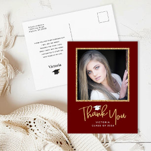 Handwriting Gold & Dark Red Graduation Thank You Postcard