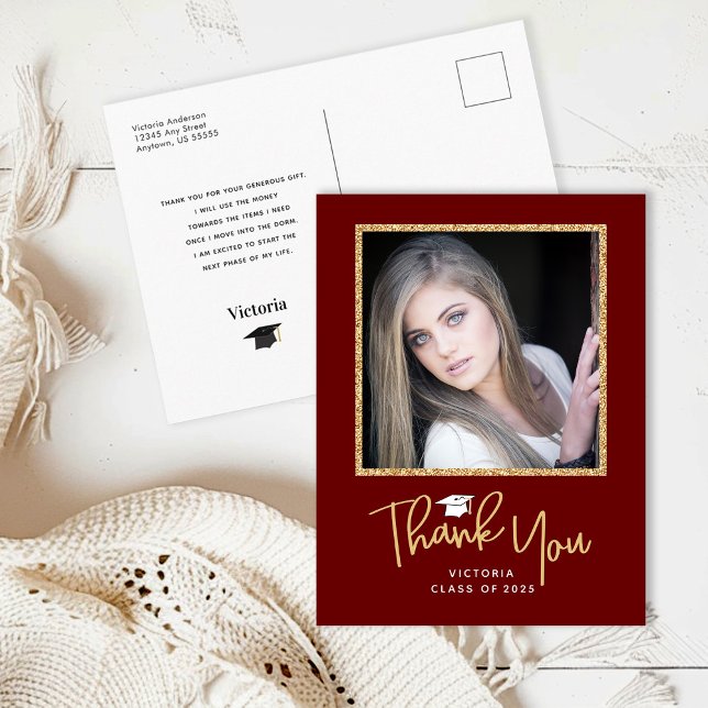 Handwriting Gold & Dark Red Graduation Thank You Postcard (Creator Uploaded)
