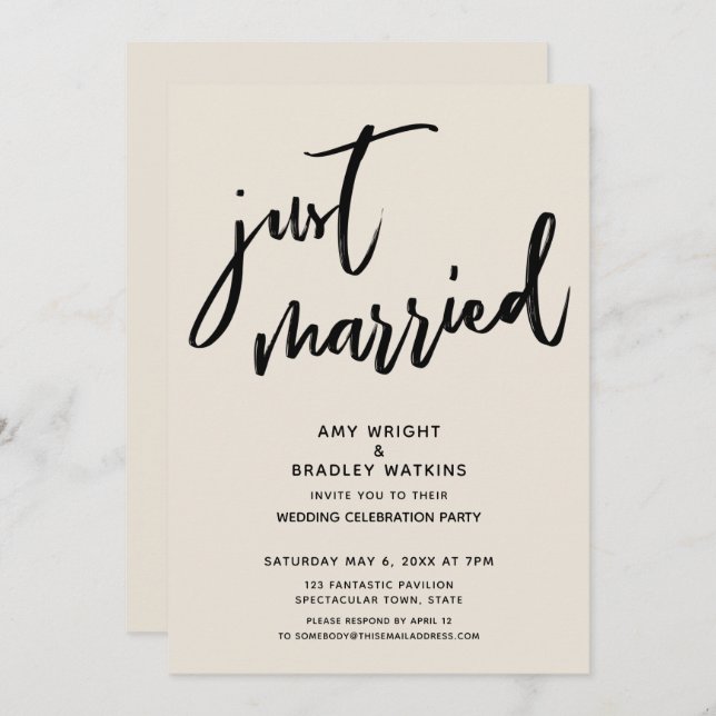 Handwriting Just Married Cream Wedding Reception Invitation (Front/Back)