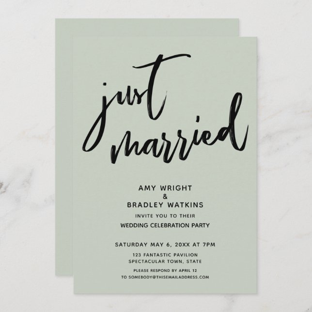 Handwriting Just Married Sage Wedding Reception Invitation (Front/Back)