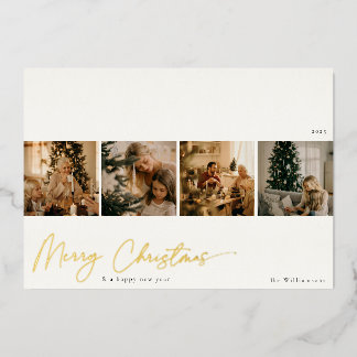 Handwriting Multi Photo Gold Foil Holiday Card