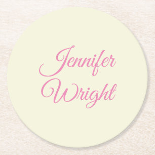 Handwriting Name Classical Plain Beige Pink Round Paper Coaster