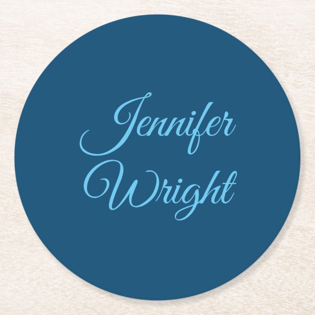 Handwriting Name Classical Plain Indigo Blue Round Paper Coaster (Front)