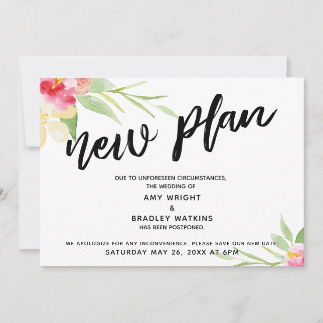Handwriting "New Plan" Floral Postponed Wedding Invitation (Front)