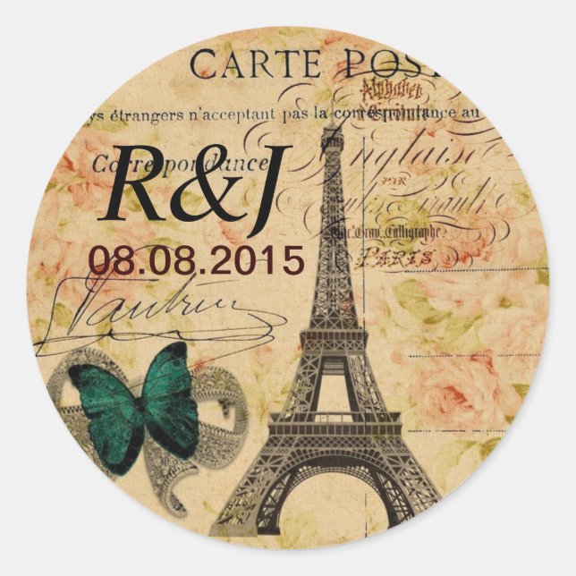 handwriting Paris eiffel tower french provincial Classic Round Sticker (Front)