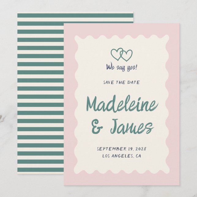 Handwriting Pastel Pink Green Retro Wedding Save The Date (Front/Back)