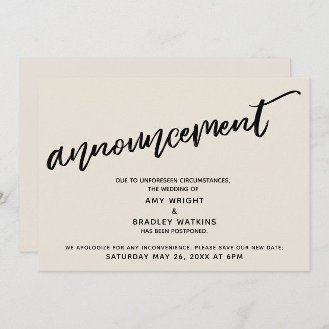 Handwriting Postponed Wedding Cream Announcement (Front/Back)