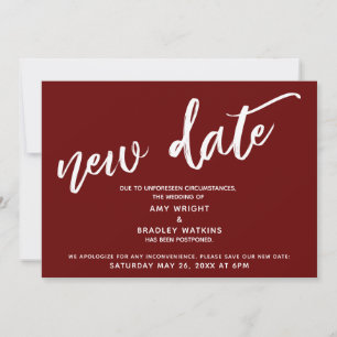 Handwriting Postponed Wedding New Date Burgundy Invitation
