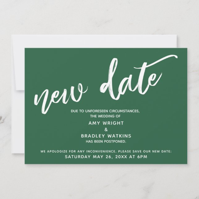 Handwriting Postponed Wedding New Date Dark Green Invitation (Front)