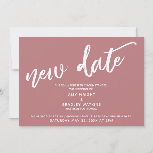 Handwriting Postponed Wedding New Date Dusty Rose Invitation (Front)