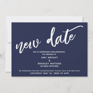 Handwriting Postponed Wedding New Date Navy Blue Invitation