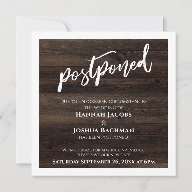 Handwriting Postponed Wedding Rustic Wood Card (Front)