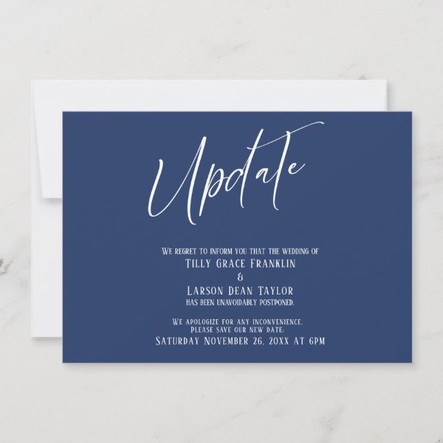 Handwriting Postponed Wedding Update Navy Card (Front)