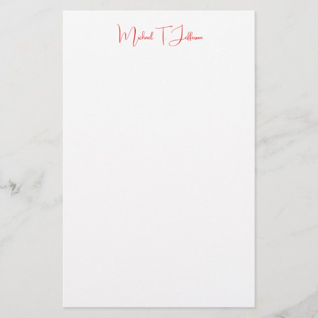 Handwriting Script Elegant Plain Simple Red White Stationery (Front)