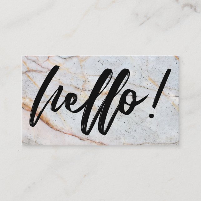 Handwriting Script Hello! in Black on Marble Business Card (Front)