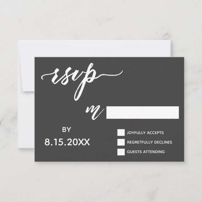 Handwriting Script RSVP in Bold White on Dark Grey Card (Front)