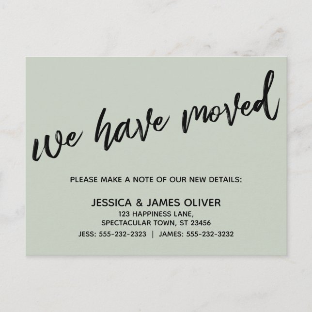 Handwriting Simple We've Moved Typography Sage Postcard (Front)