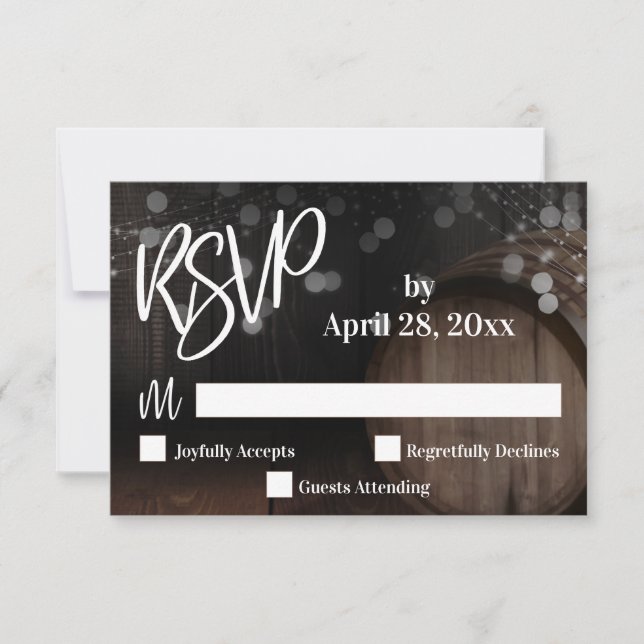 Handwriting Sparkling Lights Wooden Barrel Wedding RSVP Card (Front)