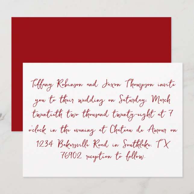 Handwriting Style Minimalist White and Red Wedding Invitation (Front/Back)