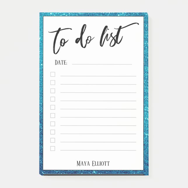 Handwriting To Do List Teal Glitter Border, Name Post-it Notes (Front)