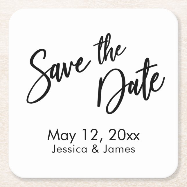 Handwriting Typography Black White Save the Date  Square Paper Coaster (Front)