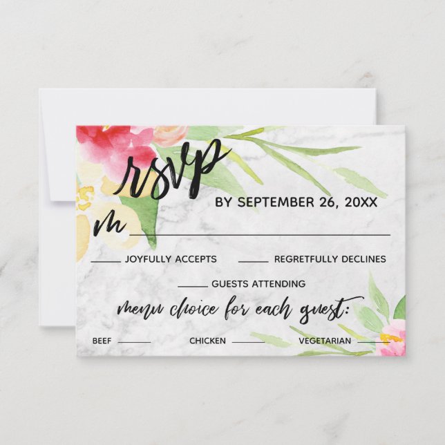 Handwriting Watercolor Flowers Marble Menu Choice (Front)
