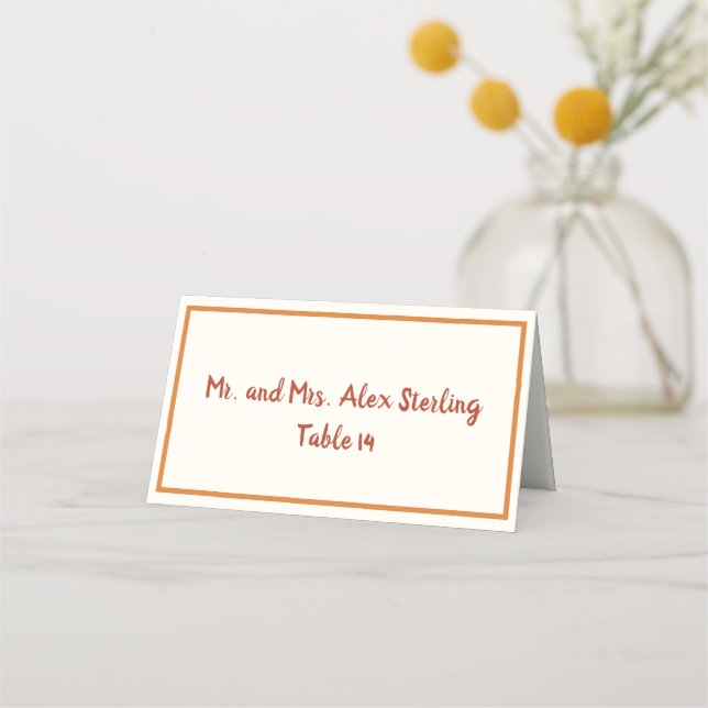 Handwritten 70s Burnt Orange Bold Border Wedding  Place Card (Front)