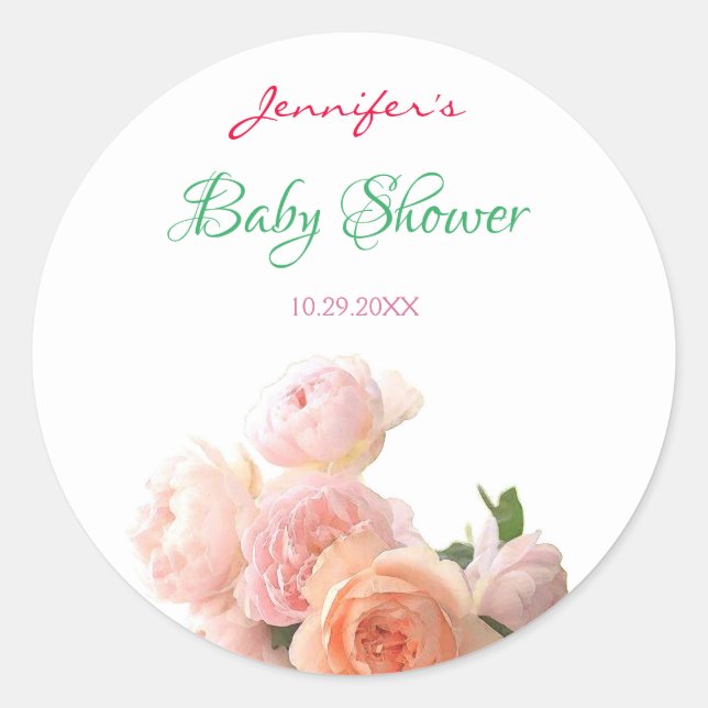 Handwritten Baby Shower Watercolor Roses Flowers Classic Round Sticker (Front)