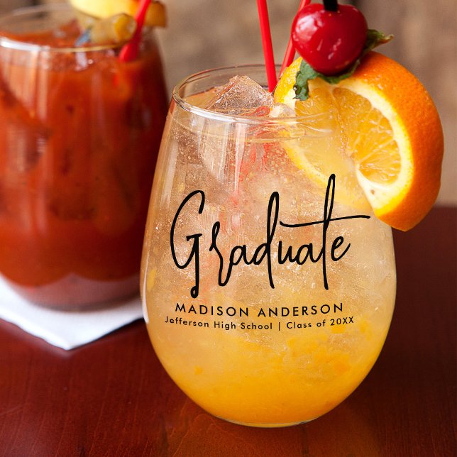 Handwritten Black Script Graduation Stemless Wine Glass (Creator Uploaded)