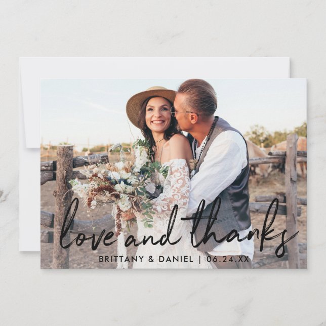 Handwritten Black Script Love and Thanks Wedding Thank You Card (Front)